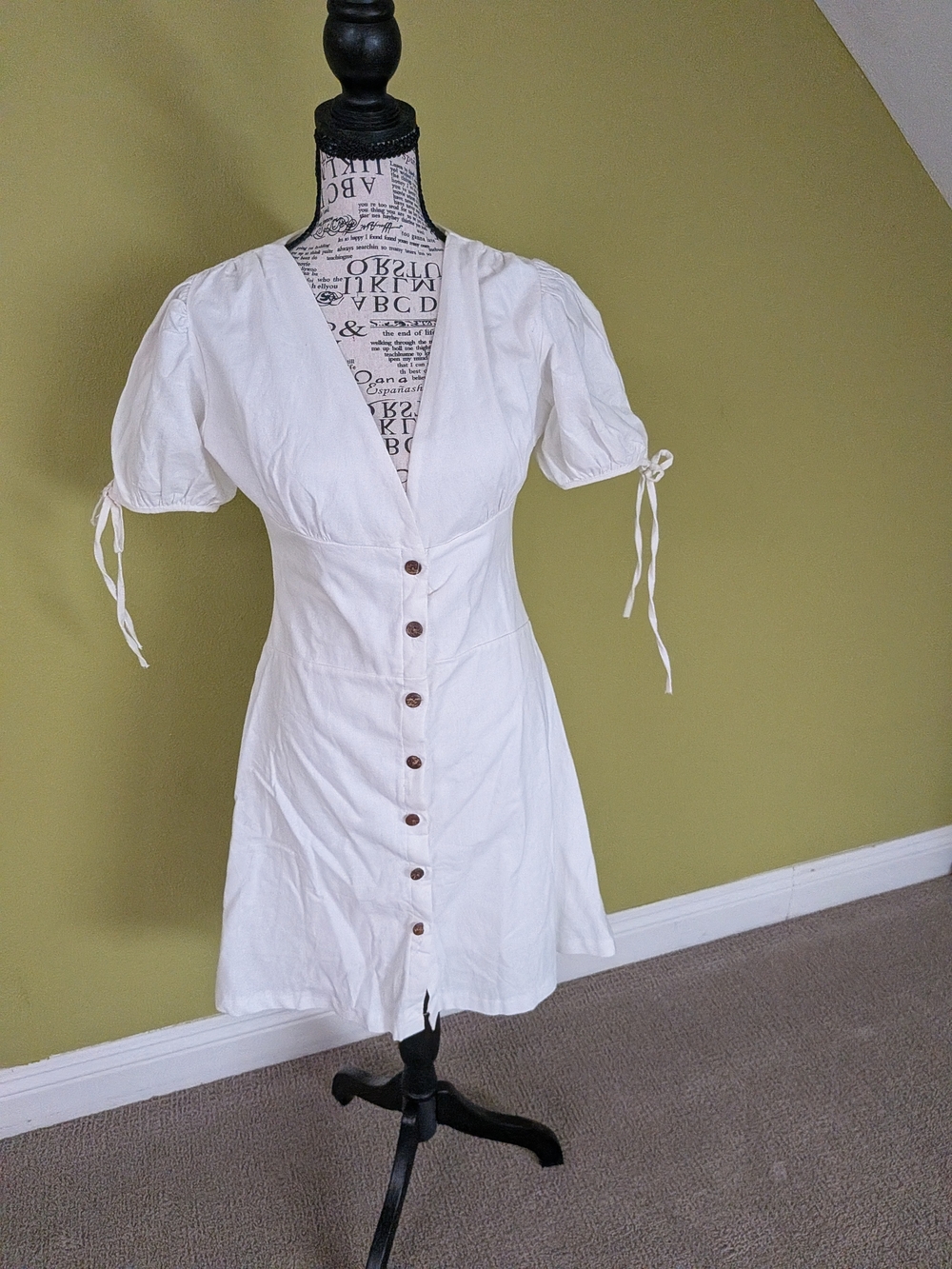 White Button-Front Puff Sleeve Dress